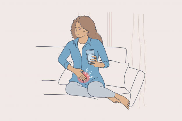 Ilustração colorida de mulher segurando o estômago, com dor, e segurando um copo com água.